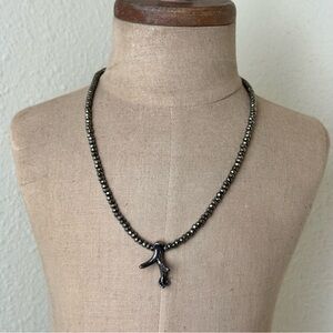 Faceted Hematite beaded necklace sterling silver branch pendant